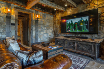A rustic TV lounge with a leather couch, a wooden coffee table, and a large flat-screen TV, set against a backdrop of stone walls and warm ambient lighting.