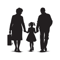 grandparents walking with granddaughter vector silhouette Illustration