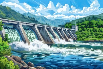 Clipart illustration of a hydroelectric dam in a mountainous region producing electricity, showcasing hydroelectric power as a significant source of renewable energy Renewable energy, Hydroelectric