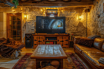 A rustic TV lounge with a leather couch, a wooden coffee table, and a large flat-screen TV, set against a backdrop of stone walls and warm ambient lighting.
