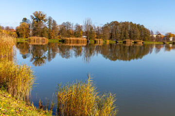 Landscape in the countryside by the lake on a sunny October day. A quiet place to relax by the water.