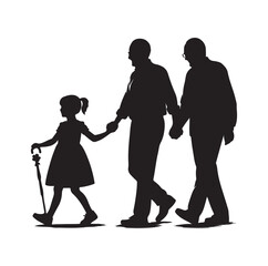 grandparents walking with granddaughter vector silhouette Illustration