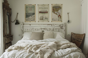 A rustic white bedroom with distressed wood furniture, cozy textiles, and vintage travel posters above the bed.