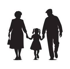 grandparents walking with granddaughter vector silhouette Illustration