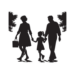 grandparents walking with granddaughter vector silhouette Illustration