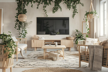 A Scandinavian TV lounge with light wooden furniture, a cozy rug, and a large flat-screen TV, surrounded by minimalist decor and greenery.
