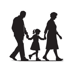 grandparents walking with granddaughter vector silhouette Illustration