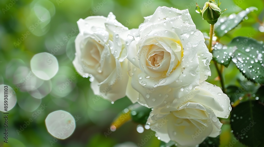 Poster white roses in the garden with raindrops macro : generative ai