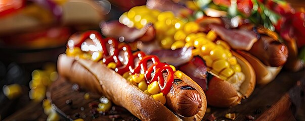Close-up of delicious hot dogs topped with ketchup, mustard, corn, and vegetables served on a wooden board. Perfect for fast food themes.