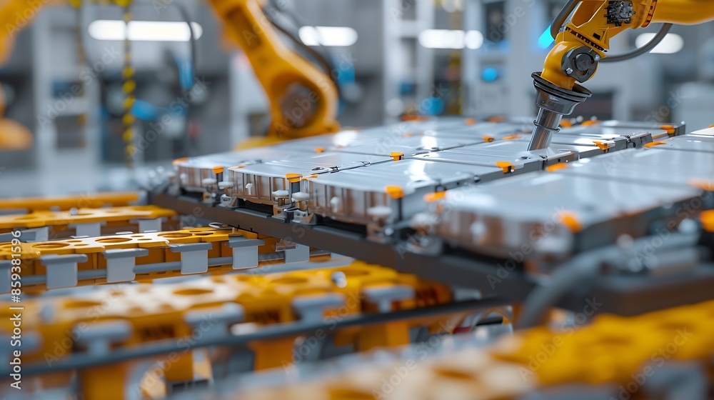 Poster Modern EV Factory On Automated Production Line Robot Arms Transporting Automotive Battery Modules onto Conveyor Belt Electric Car Battery Pack Manufacturing Process : Generative AI
