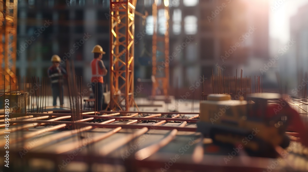 Poster Construction concept and teamwork meeting structure The engineer or architect for the project works with partners and engineering tools to create workplace models and blueprints : Generative AI