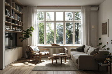 A Scandinavian-style living room with minimalist furniture, a large window letting in natural light, and a cozy reading nook by the corner.