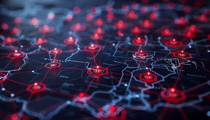 Shielded States: Cyber Defenses of America, map of the USA with each state represented by a shield, lines denoting secure data routes and cyber defense measures