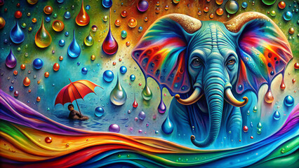 Obraz premium The focal point of the image is a vibrant and colorful elephant with psychedelic patterns on its body and large drops of different sizes and colors floating around it,with copy space.AI generated.