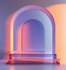 Fototapeta premium Abstract geometric art with colorful lighting and transparent materials forming an arched shape. Vibrant hues create a modern, artistic backdrop.