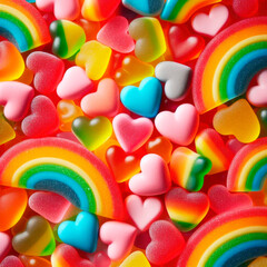 Colorful gummy heart candies close-up, vibrant sugary texture, confectionery love concept