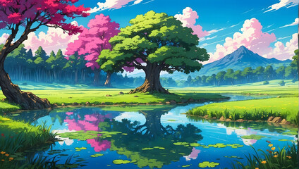 A tree in a field with a pond in the foreground