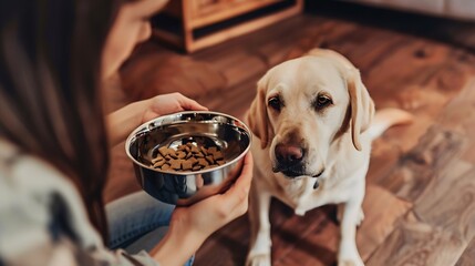 Feeding time An adult woman brought a bowl of food to her pet Labrador dog Dog eating dry food from a bowl in the living room at home : Generative AI