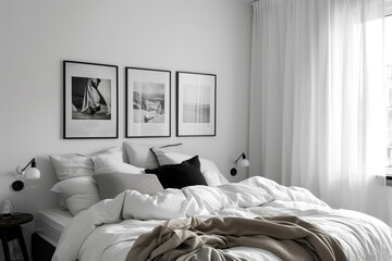 A serene white bedroom with a minimalist aesthetic, featuring a cozy bed and black-and-white art posters above the headboard.
