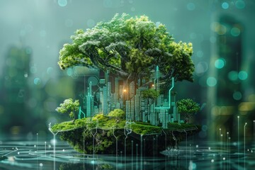 Realistic illustration of a smart ecosystem with AI-driven sensors managing water resources for sustainable development Smart ecosystems, AI integration, Water management