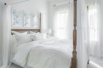 A serene white bedroom with a four-poster bed, sheer curtains, and delicate watercolor posters above the bed.