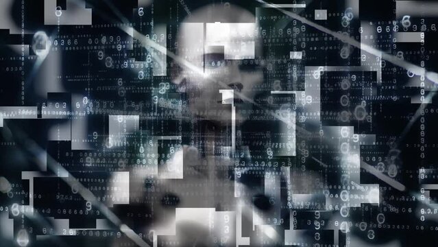 AI Becomes Conscious
Ghostly robot emerges from a matrix of changing numbers.