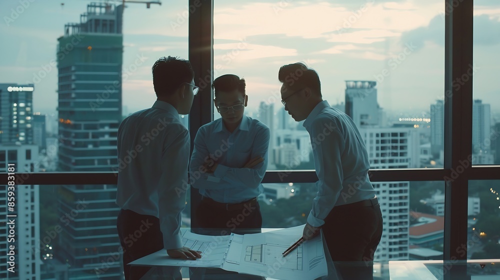 Fototapete Group of architect engineer looking at project plan while brainstorming idea about building structure Manager team discuss about building construction while standing near with city vie : Generative AI