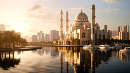 A city with a large mosque in the center.