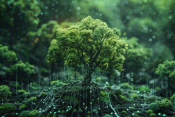 Realistic illustration of AI using machine learning to analyze habitats and promote ecological balance Machine learning habitats, AI integration, Ecological balance