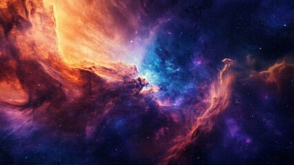 Fototapeta premium Vivid cosmic landscape with vibrant hues of blue, purple, and orange, depicting a nebula’s swirling gas and dust.