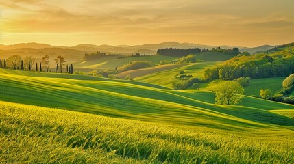 Fototapeta premium Idyllic landscape featuring rolling green hills under a golden sunset. A serene countryside scene perfect for tranquility and nature themes. AI generated photo ideal for backgrounds and blogs. AI