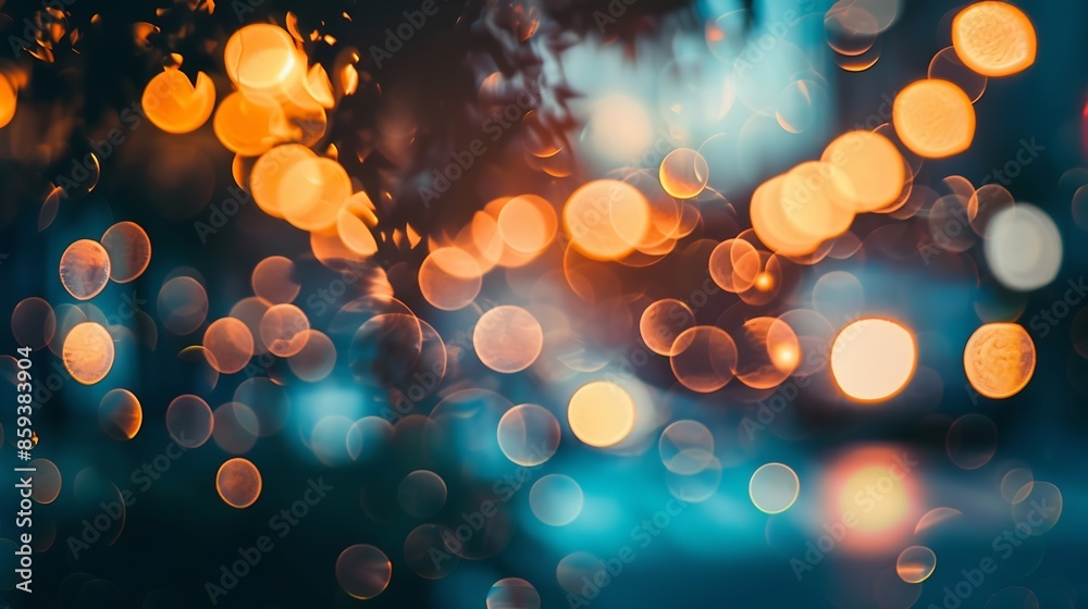 Poster The lights of the night city Blurred background Lanterns on the street big city lights in the twilight evening with blurring Colorful circles of light abstract circular bokeh on blue h : Generative AI