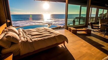 A large bed with a view of the ocean