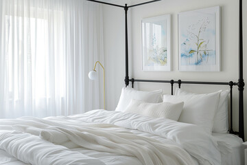 A serene white bedroom with a four-poster bed, sheer curtains, and delicate watercolor posters above the bed.