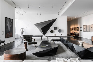 A sleek, modern living room with angular furniture, bold art pieces, and a black and white color scheme.
