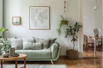 Obraz premium An interior design in Scandinavian style, with wooden parquet floor and white walls