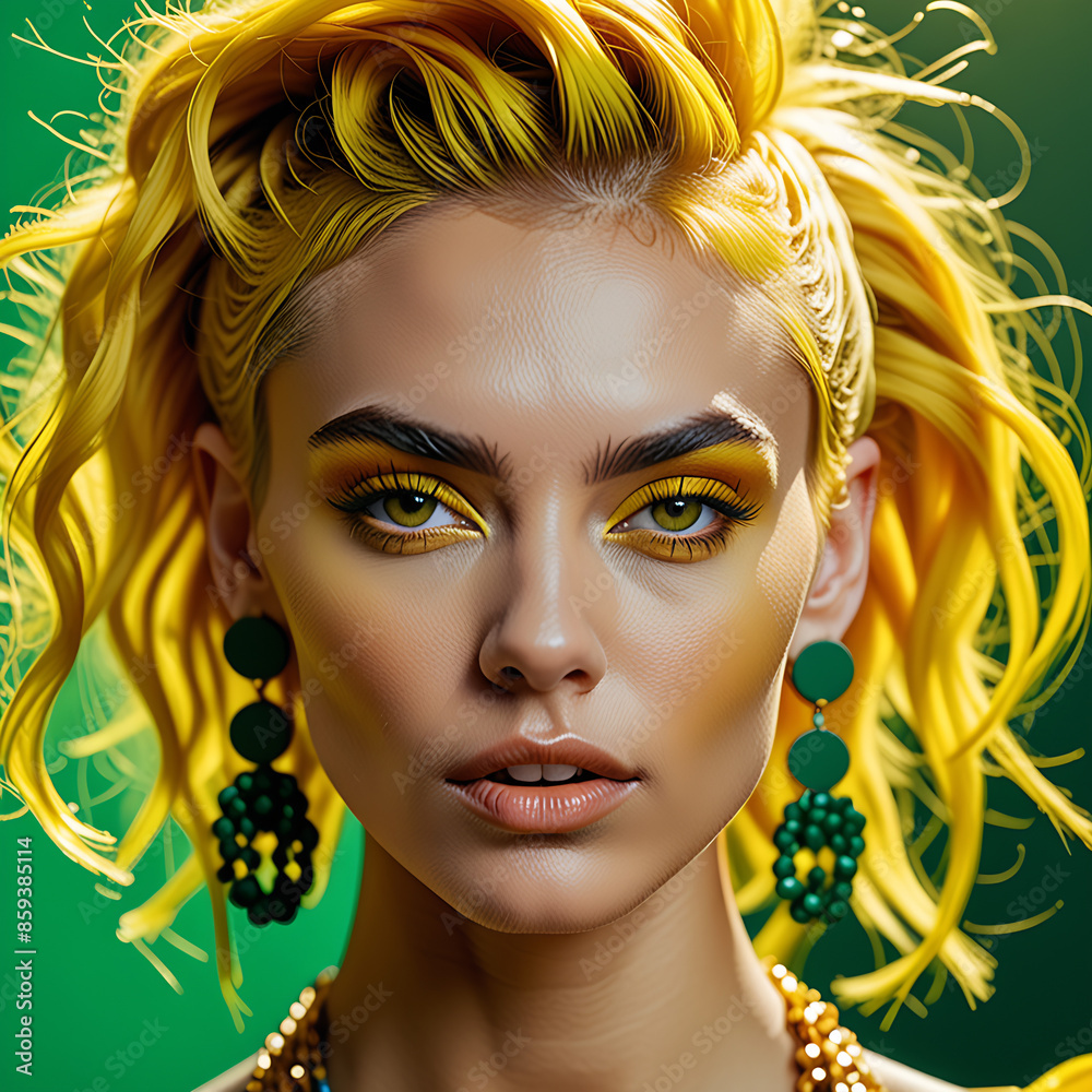 Wall mural colorful illustration of headshot of female fashion model with extravagant yellow hairstyle and makeup against green background