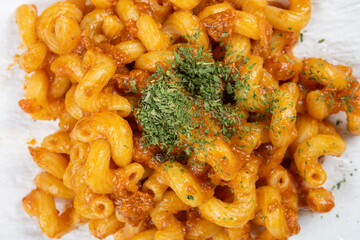 top view fresh tomato macaroni at horizontal composition