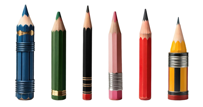 Set of various beautiful bright multi colour pencils isolated on transparent background. Generative AI