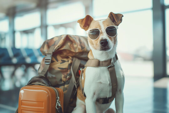 Dog with sunglasses and backpack at airport. Generative AI