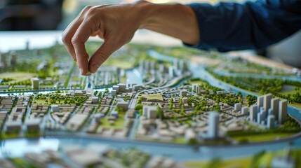 An urban planner interacts with a detailed city model, focusing on sustainable development and green 