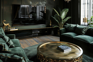 A sophisticated TV lounge with a dark green velvet sofa, a brass coffee table, and a large flat-screen TV, accented by gold decor and luxurious textures.