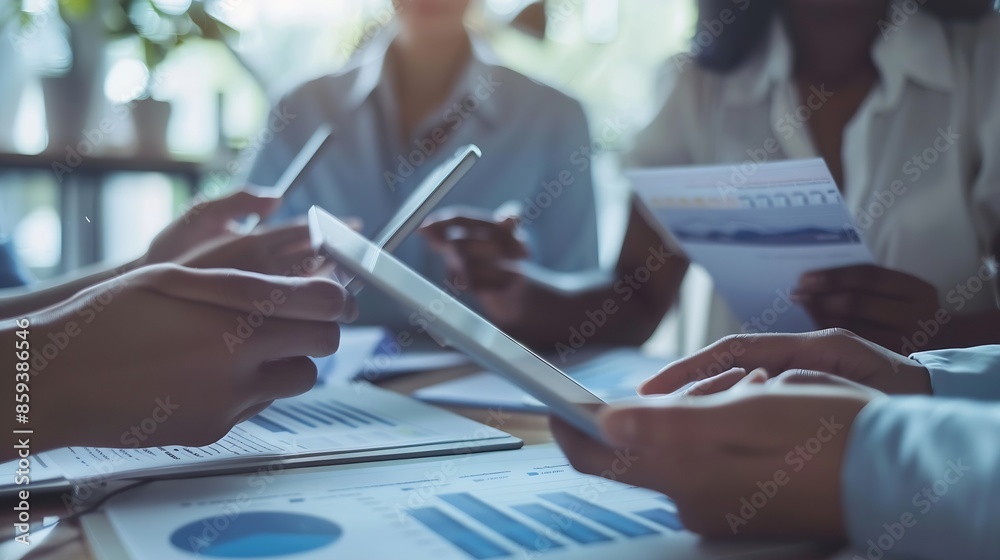 Poster Cropped shot of diverse coworkers working together in a boardroom working by digital tablet management big data analyze business discussing brainstorming analyzing strategy financial d : Generative AI