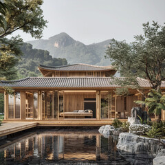a traditional Chinese style wooden small house with a view of nature, mountains, and streams.
