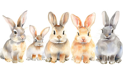 Collection of cute rabbits watercolor isolated on a white background