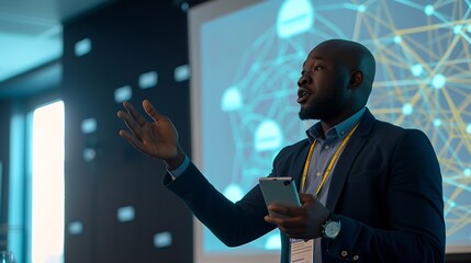 Obraz premium eBusiness Technology Conference Presentation Innovative Black Tech Engineer Talks about Revolutionary HighTech Product Projector Screen Shows Graphs Infographics AI Big Data Machine Le : Generative AI