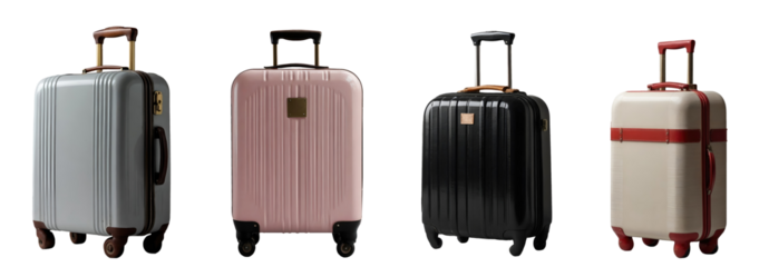 Set of various travel suitcase, luggage trolley bags in different colours isolated on transparent background. Generative AI
