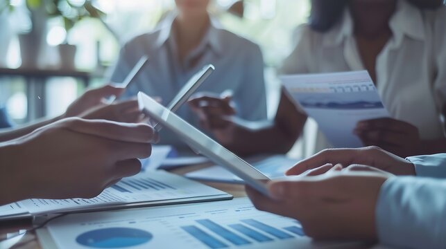 Cropped shot of diverse coworkers working together in a boardroom working by digital tablet management big data analyze business discussing brainstorming analyzing strategy financial d : Generative AI