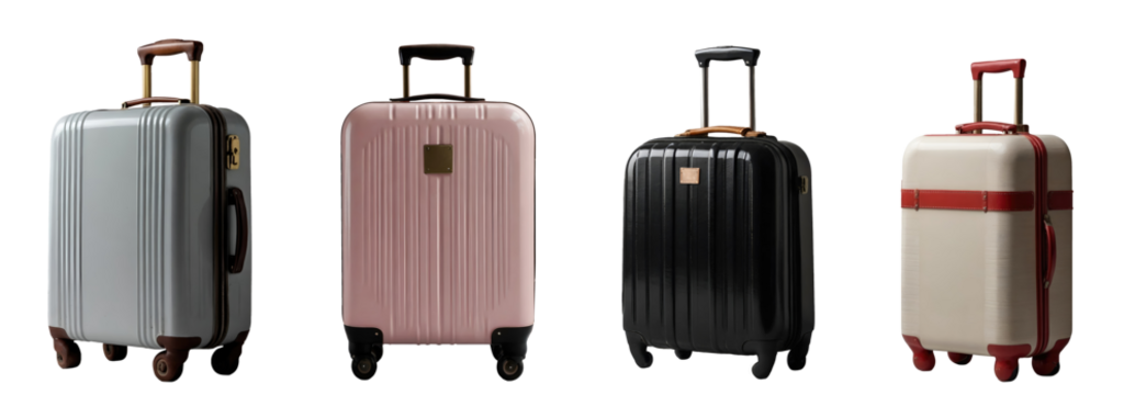 Set of various travel suitcase, luggage trolley bags in different colours isolated on transparent background. Generative AI