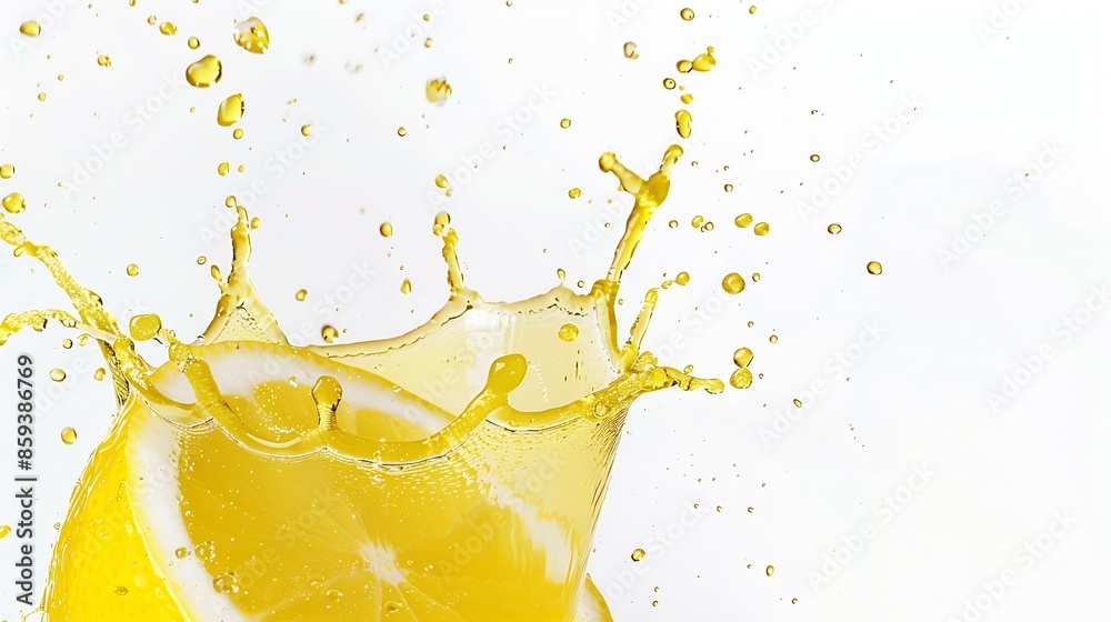 Aufkleber half lemon falling into a crown shaped yellow juice splash isolated on white background : generative